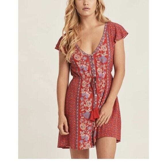 Arnhem Ophelia Floral Button Front Tassel Mini Dress Salsa Red AUS 8 US S 4 - Picture 1 of 14